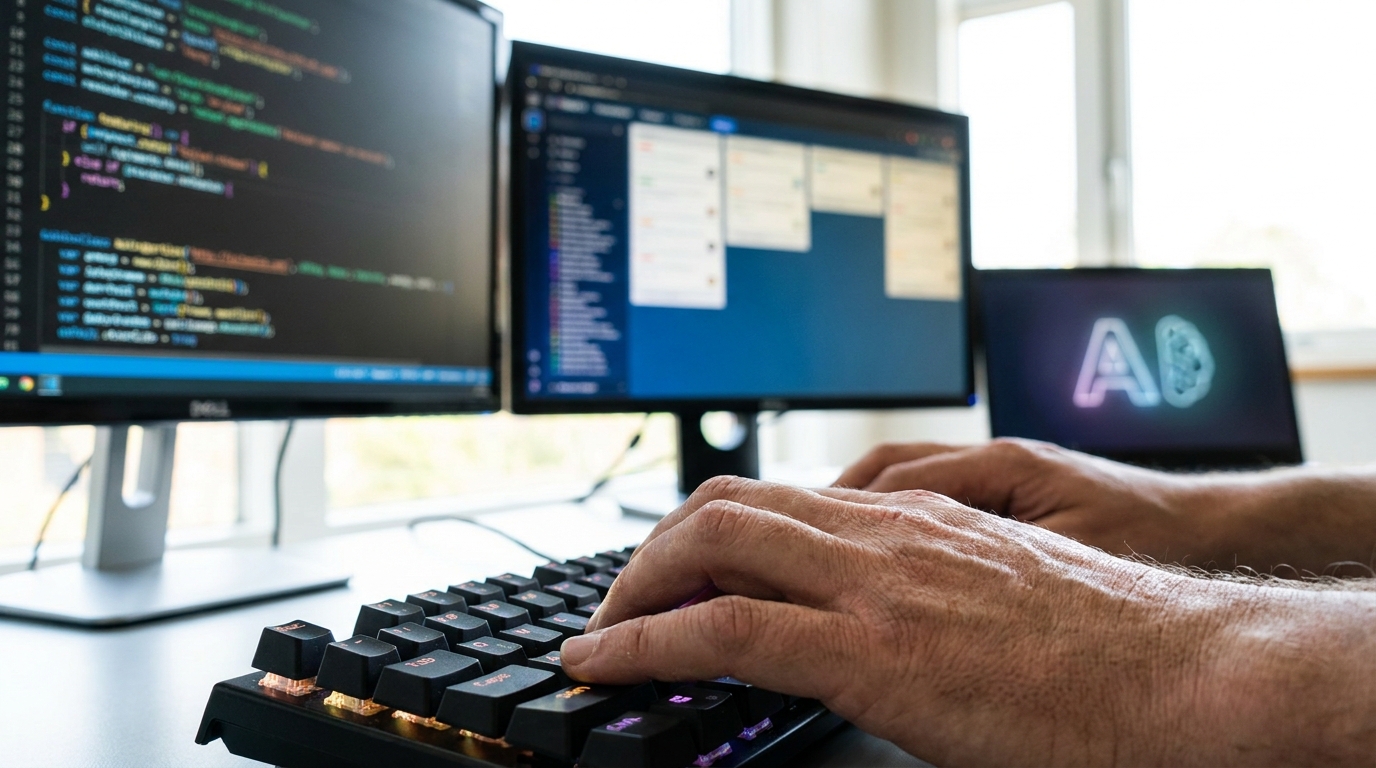 Developer's hands typing on a keyboard, illustrating enhanced productivity with GitHub Copilot App.
