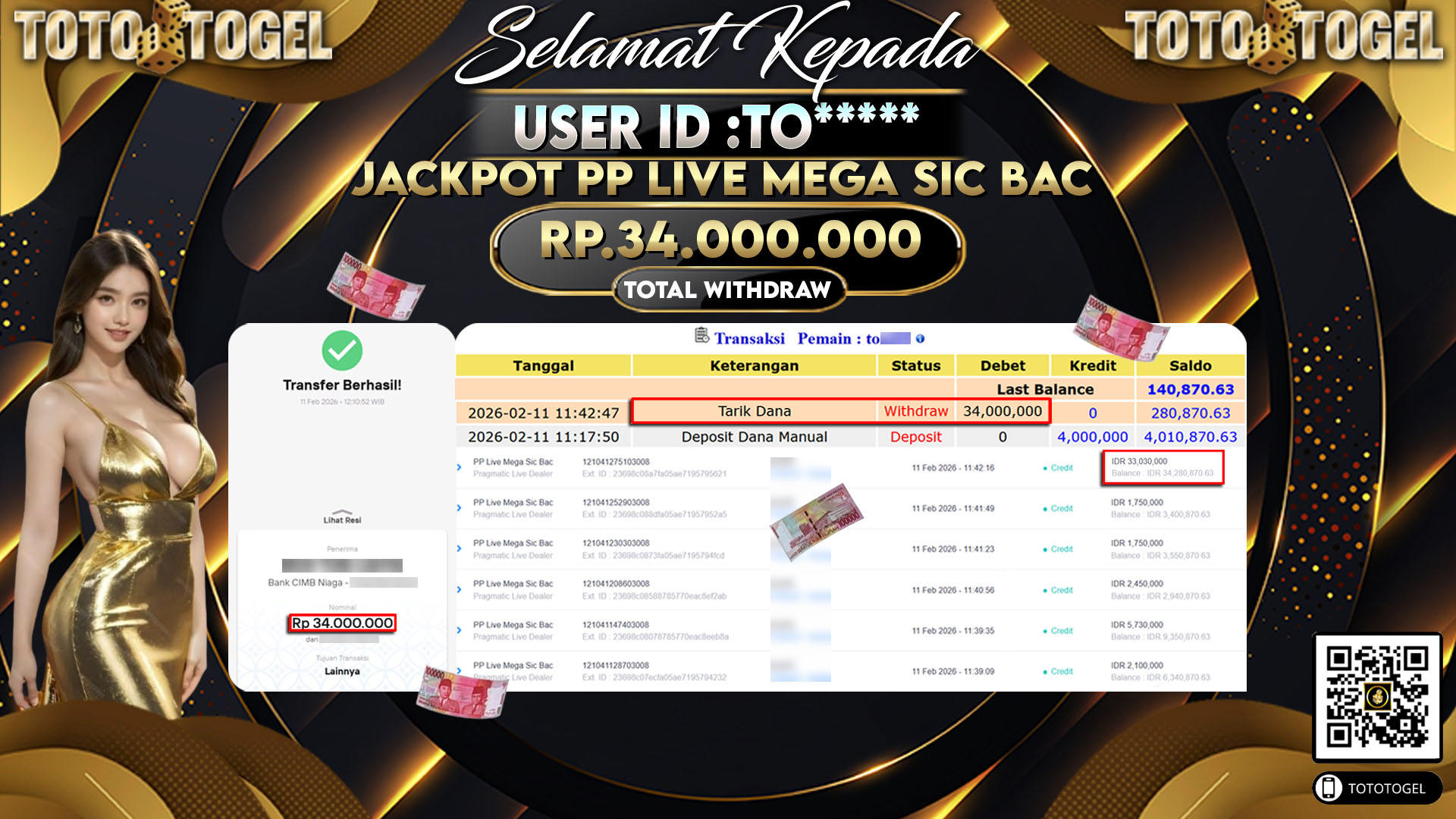 Bukti Pembayaran Jackpot Permainan Pragmatic Live PP Live Mega Sic Bac ID:TO*****LUNAS