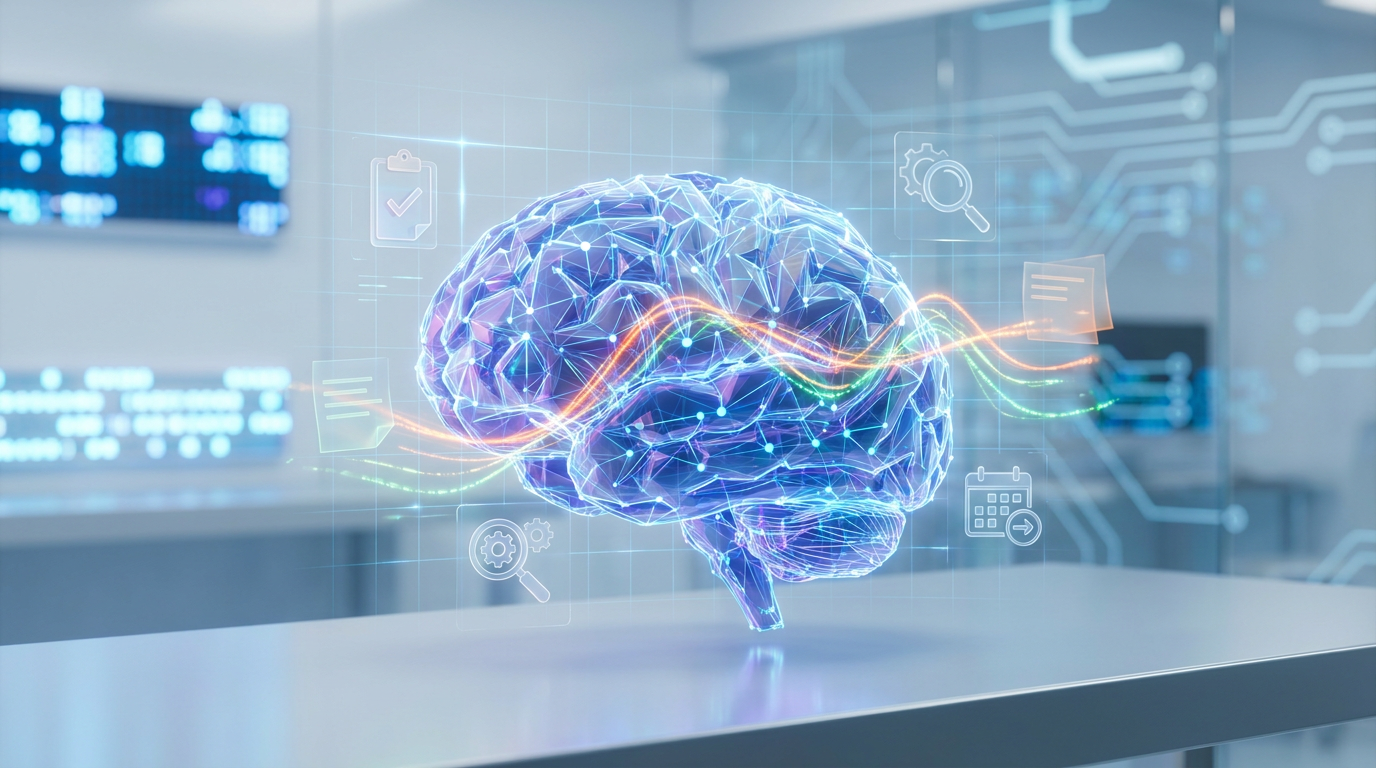AI-powered note-taking concept showing a brain with interconnected nodes and real-time data flow, representing smart notes and actionable insights
