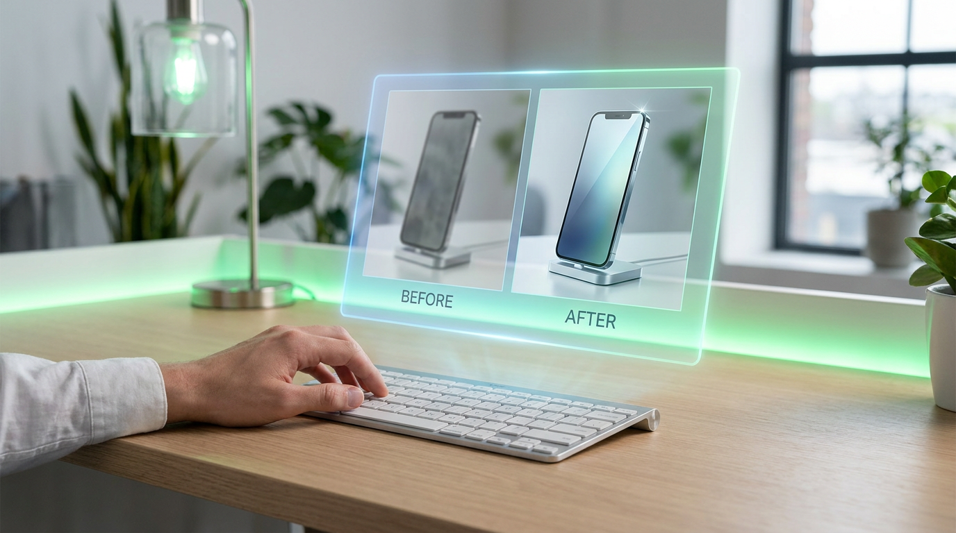 A person using AI photo editing software with text commands to transform a product image.