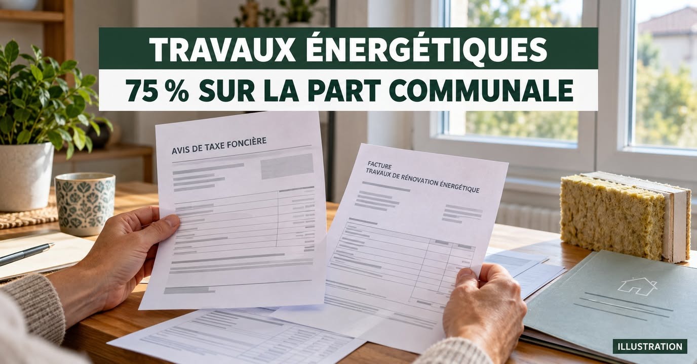 Deux mains tiennent des documents fiscaux et une facture de rénovation énergétique sur une table, près d'un échantillon de laine de bois.