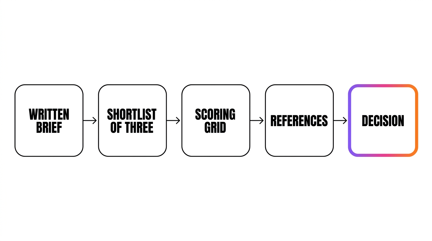 The five-step marketing agency selection process: written brief, shortlist of three, scoring grid, references, decision