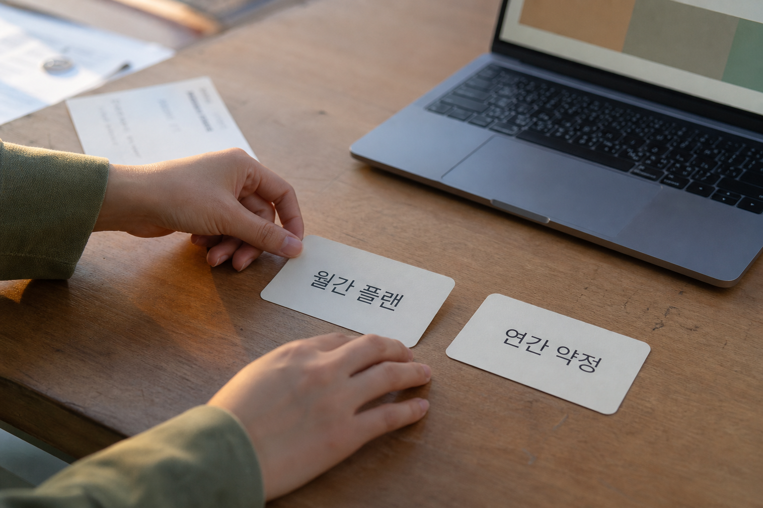 노트북 옆에서 월간 플랜과 연간 약정을 나란히 비교하는 장면