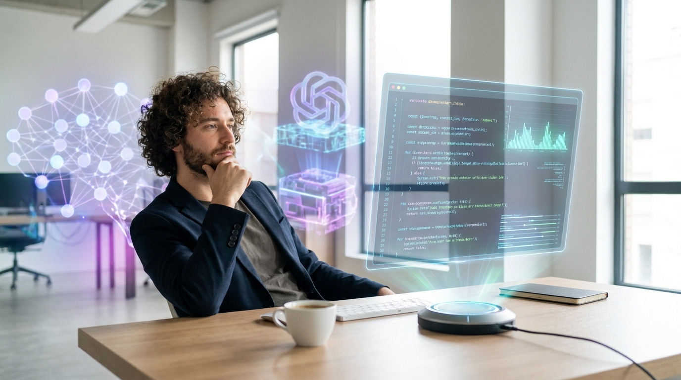 A creator looking at a holographic interface, contemplating the choice between different AI models like Claude Sonnet 5 and GPT-5.5 for their project.