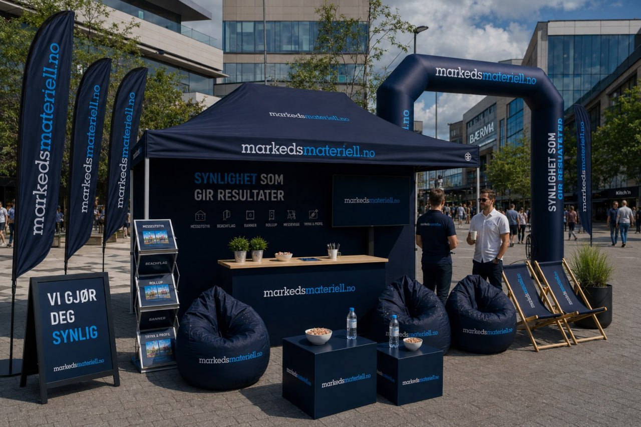 Fullstendig messepakke på bytorget med messetelt, beachflagg, sakkosekker og counter