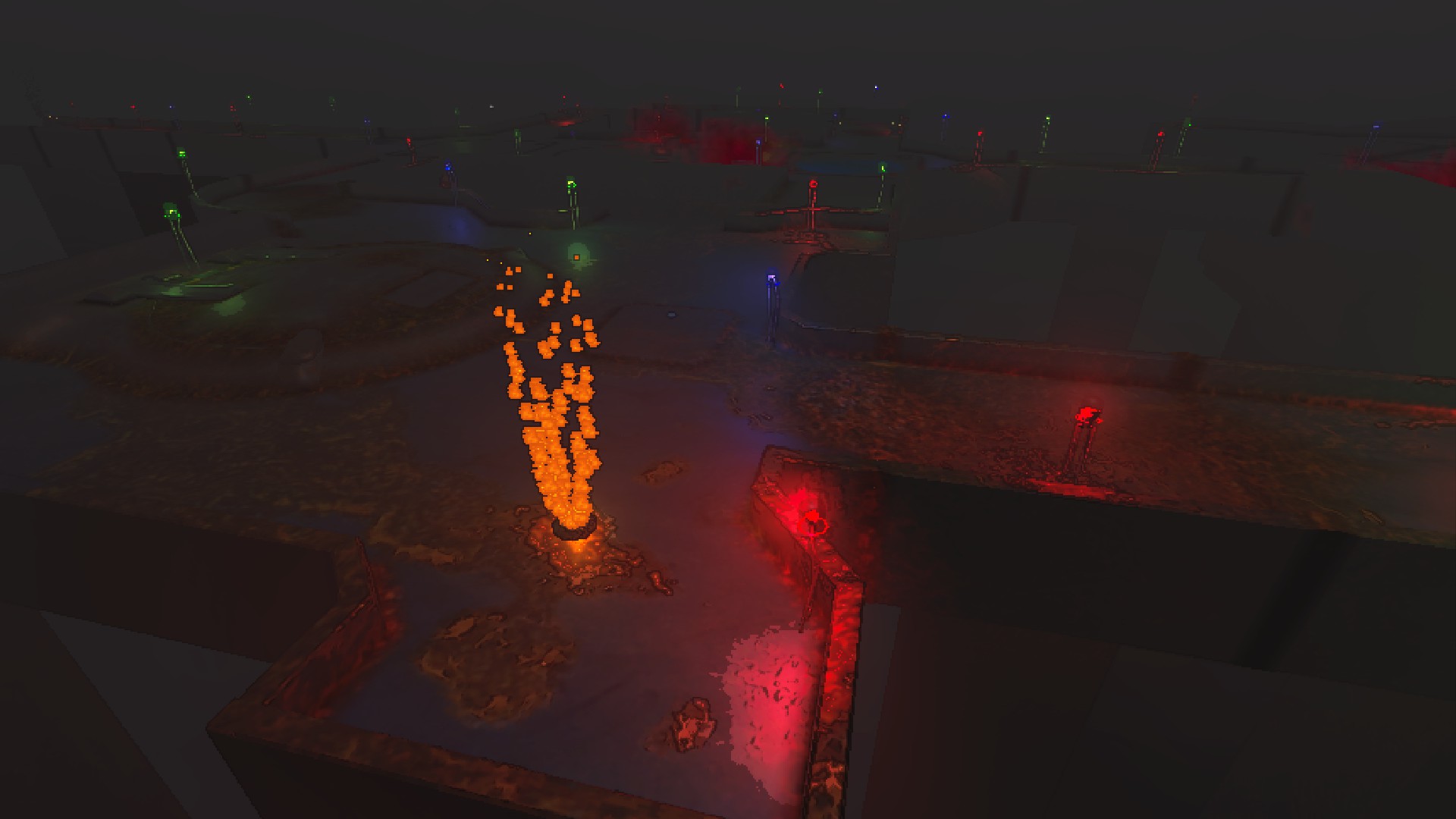 Large intersection room with a giant metal cap and a spewing fire geyser.