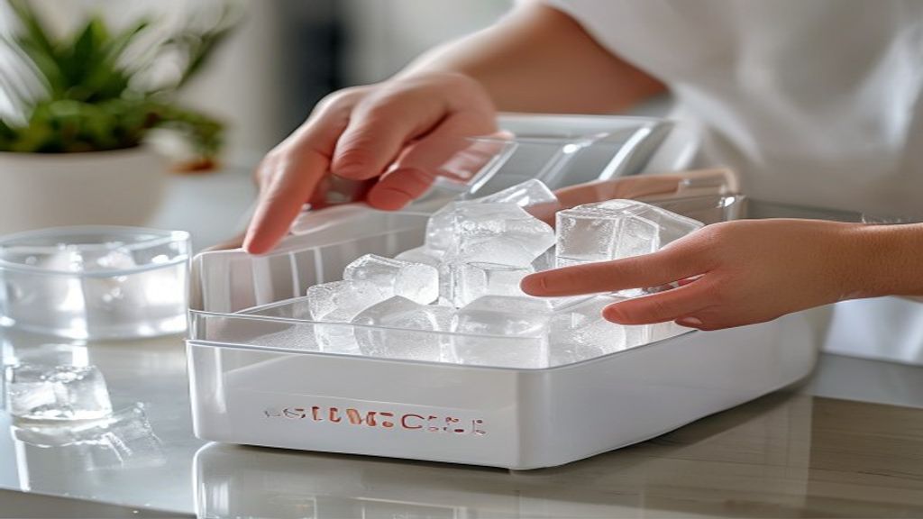 Person scooping fresh cubelet ice from a countertop ice maker basket