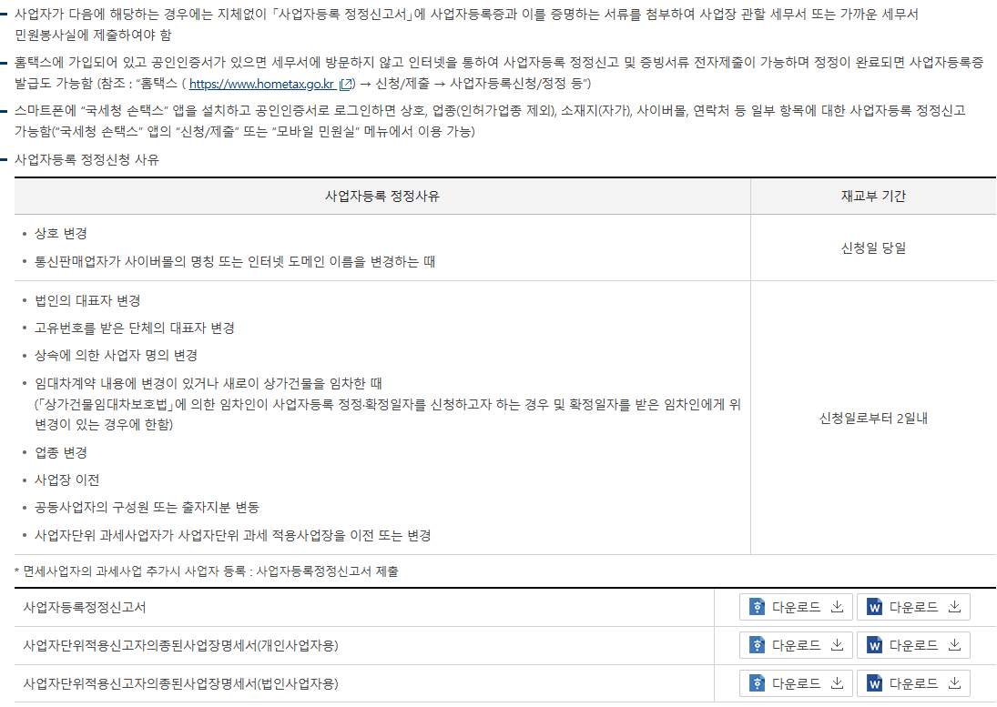 국세청 사업장 이전 정정 안내의 지체없는 신고와 신청일부터 2일 이내 재교부 기준