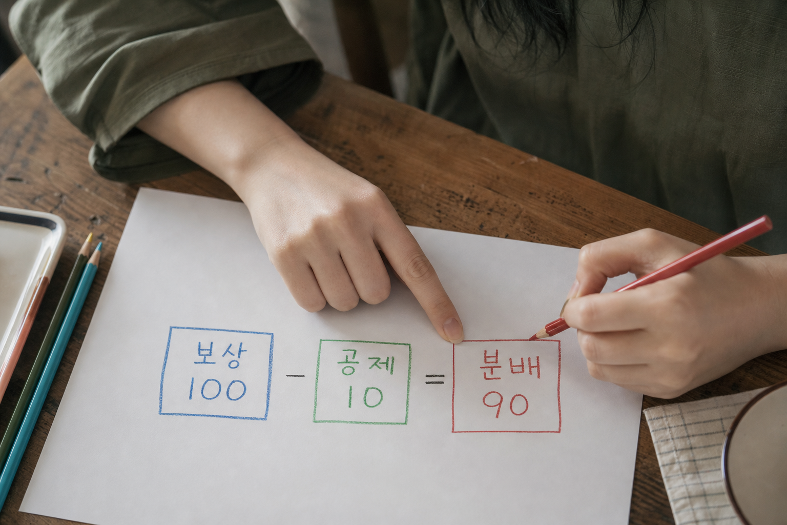 스테이킹 보상 100에서 검증 수수료 10을 공제하는 계산