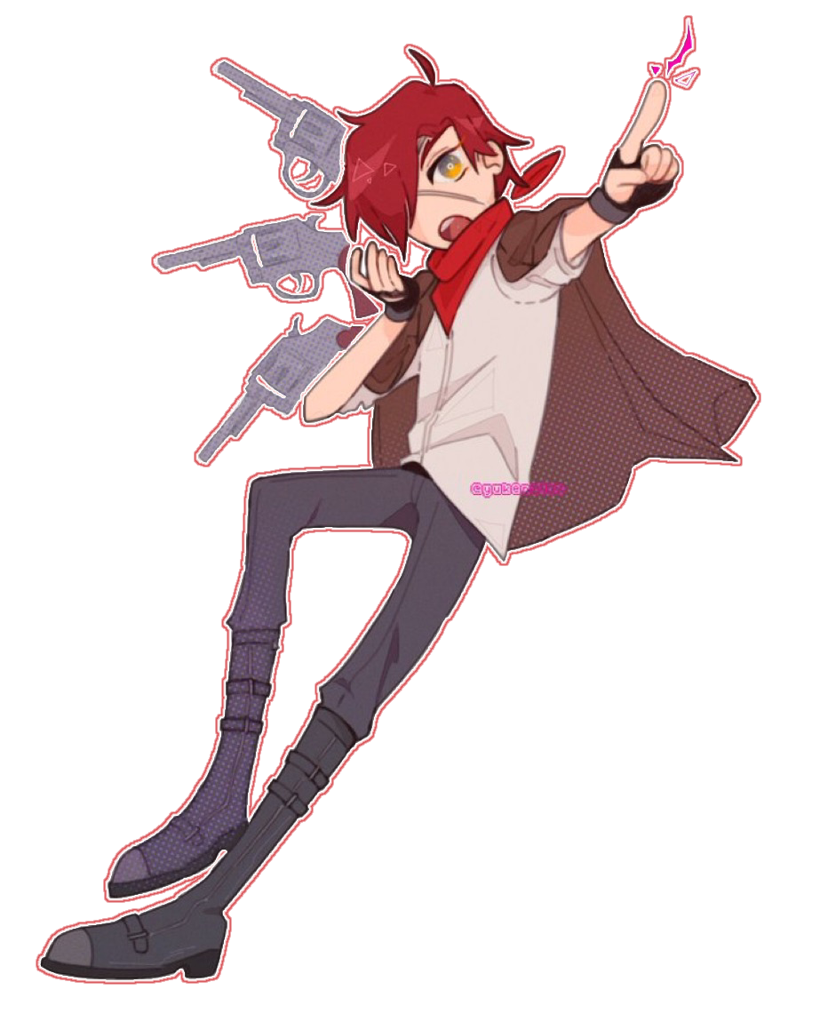 an image of xander matthews from drdt outlined in white and light red, art creds to YukenNico on twt!