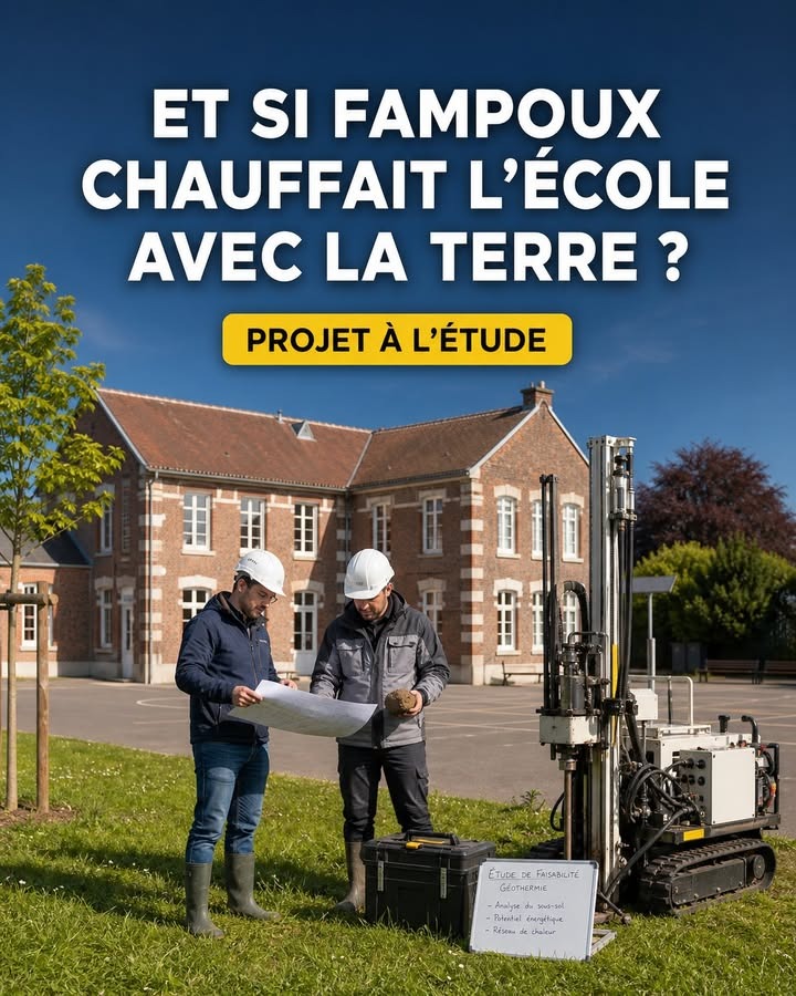 Deux hommes en casques blancs examinent des plans devant une machine de forage géothermique, posée sur l'herbe devant une école en briques.
