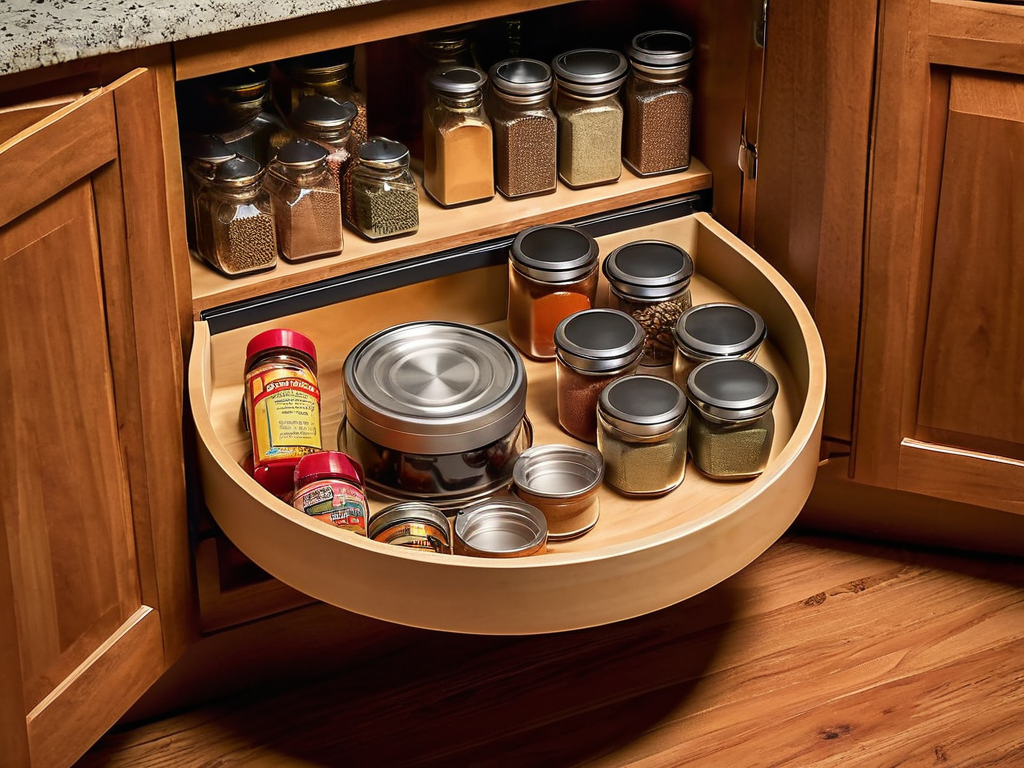 Lazy susan turntable in a cabinet