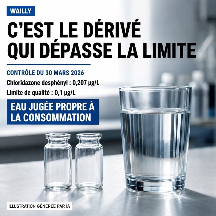 Un verre d'eau, deux petites flacons vides et un fond flou de laboratoire.