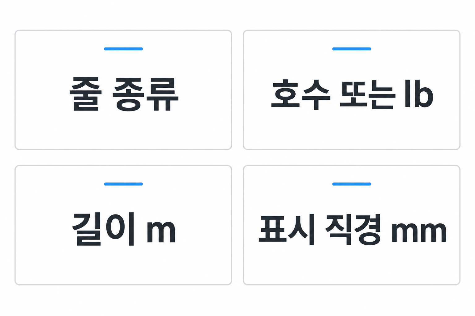 줄 종류와 호수 또는 lb, 길이 m, 표시 직경 mm를 구별하는 카드