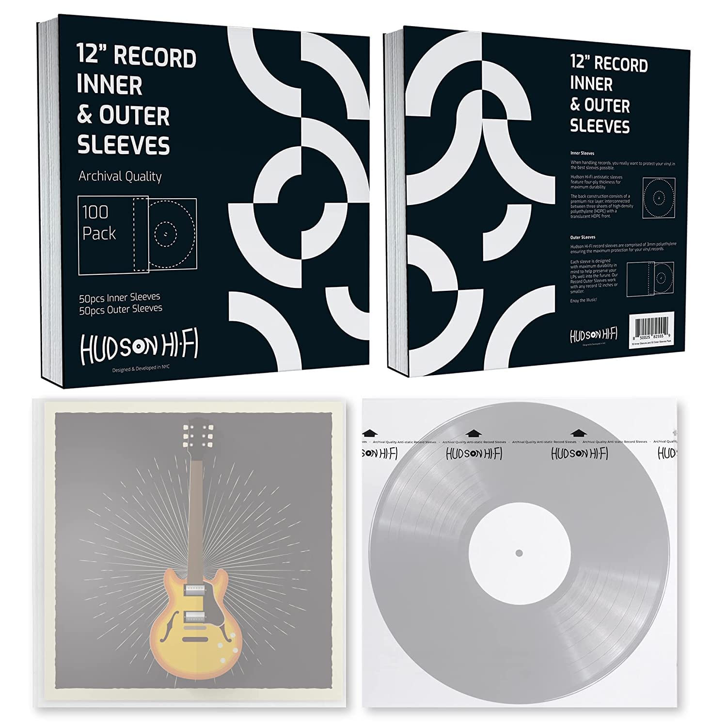 Hudson Hi-Fi 50x Inner & 50x Outer Protective Sleeves for Vinyl & Records Cover Art - Blocks Scratches, Static, Dust, Damage - Acid-Free, Smooth Slide - Fits Single Double Gatefold LP Sleeve