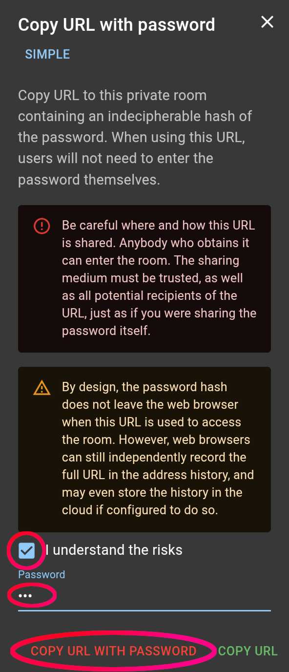 Screenshot del popup di Chitchatter che elenca i rischi del condividere un URL non protetto e chiede conferma prima di permettere di copiarlo negli appunti