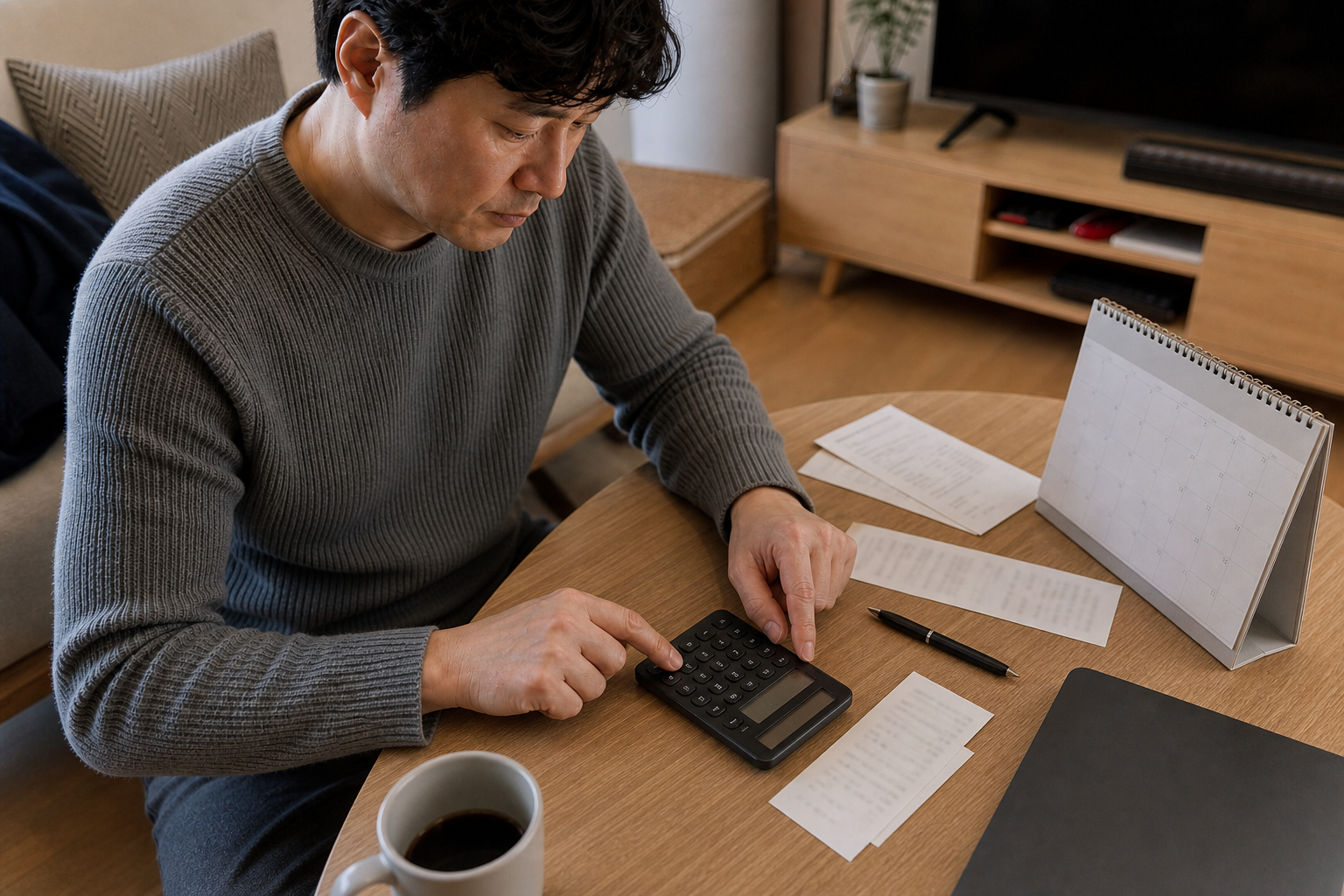 결제 영수증과 계산기로 웨이브 환불 공제 조건을 확인하는 장면
