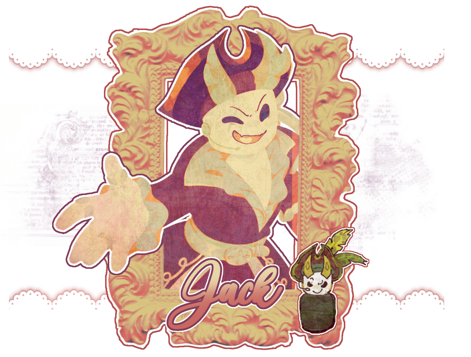 Jack, main art by @CirqueMeilano_ on Twitter, pill baby art by @1hyperlaserw on Discord