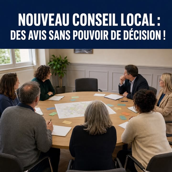 Une réunion de six personnes autour d'une table ronde avec des documents et une carte.