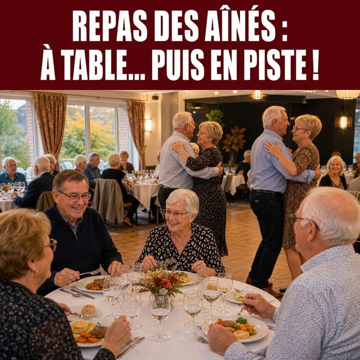 Des seniors dînent ensemble autour d'une table garnie de plats et de verres, tandis que d'autres dansent en couple dans la salle.