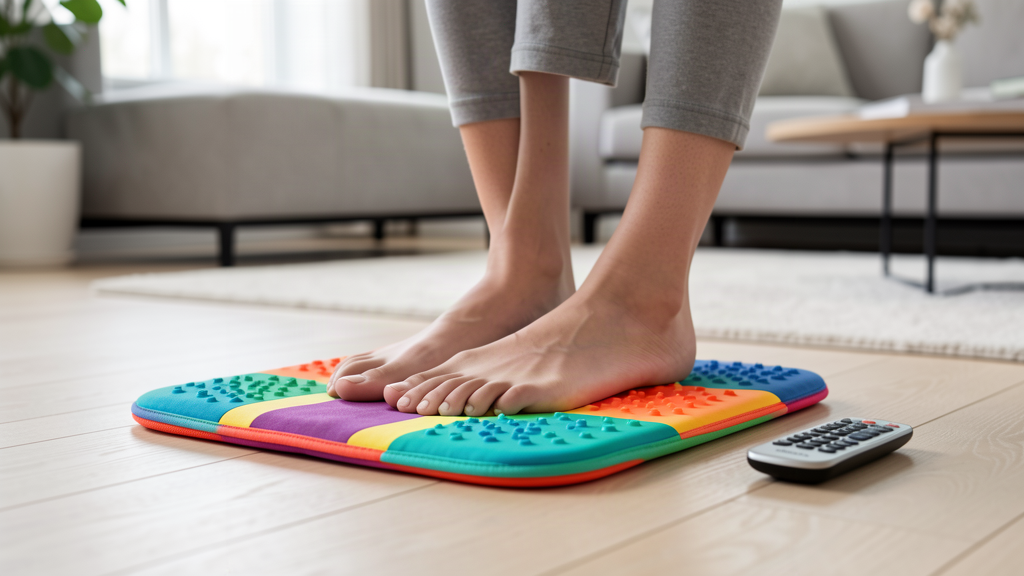 EMS foot massager pad on the floor with feet resting on it during a session