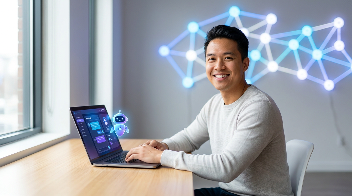A solopreneur using an AI chatbot for customer support, highlighting 24/7 automated assistance.
