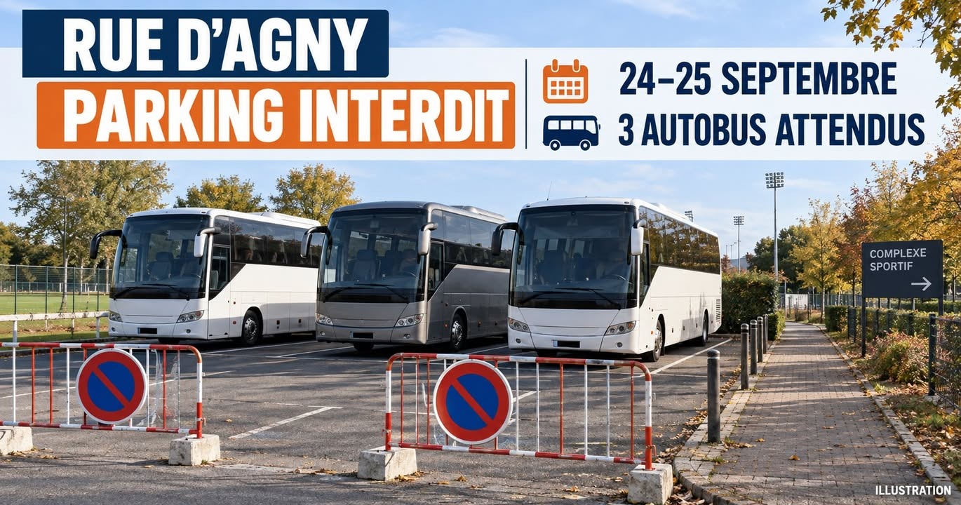 Trois grands bus blancs stationnés sur un parking, séparés par des barrières mobiles portant des panneaux de circulation interdisant le stationnement.
