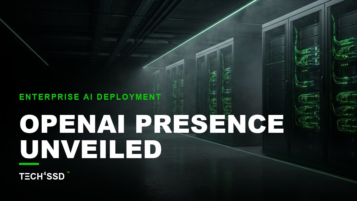 Stylized network of AI agents representing OpenAI Presence working in a corporate environment, with data flowing and subtle human oversight.
