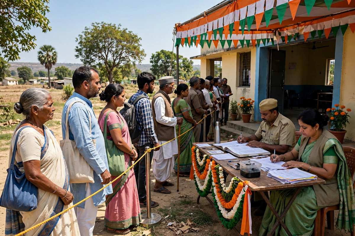 भारत में मतदान केंद्र के बाहर वोटर लिस्ट जांचते मतदाता