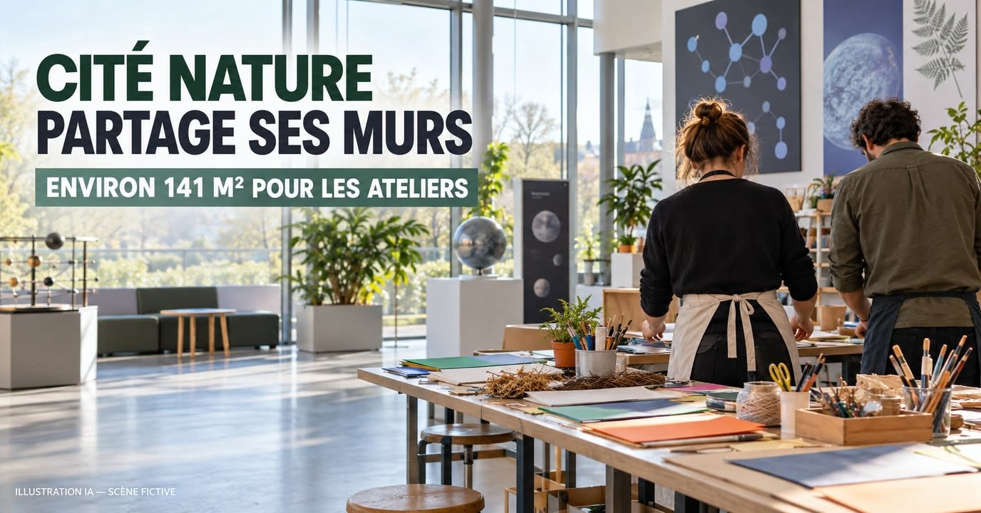 Deux personnes de dos travaillent à une table d'atelier garnie de pinceaux, de feuilles et d'objets naturels, dans un espace lumineux avec plantes et affiches scientifiques.