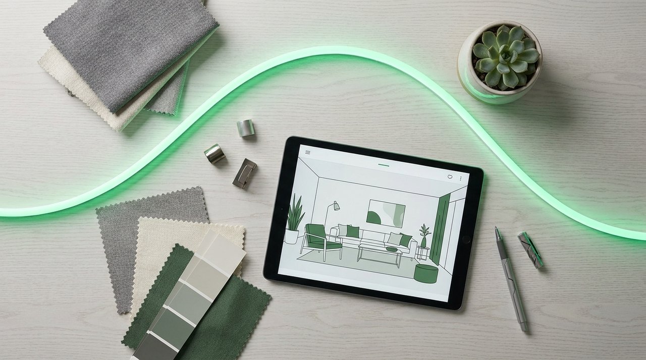 A design mood board with swatches and a tablet showing a redesigned room