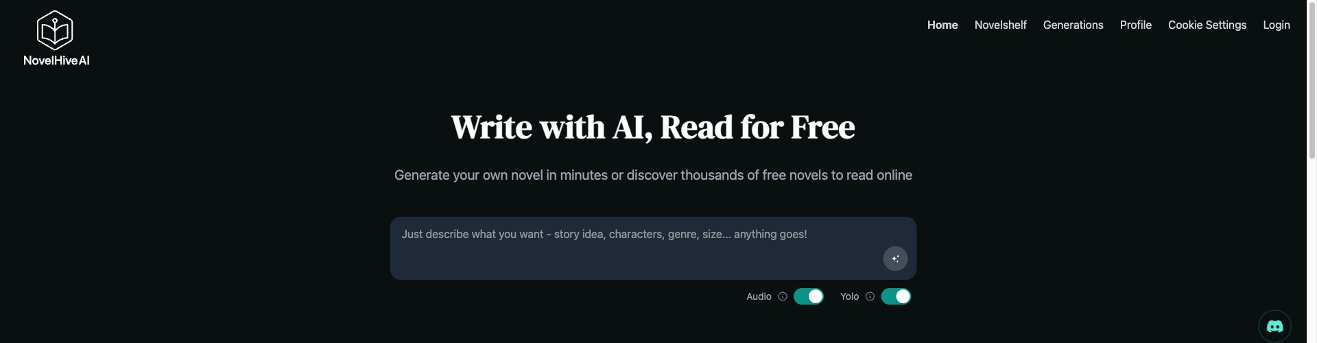 Just describe your story idea — NovelHive handles the rest. Toggle Audio on to get a full audiobook.