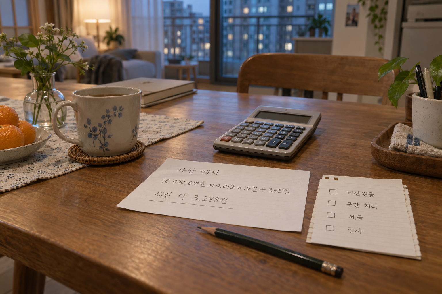 1,000만원을 연 1.20%로 10일 보관하는 가상 단리 계산과 실제 수령액 확인 항목