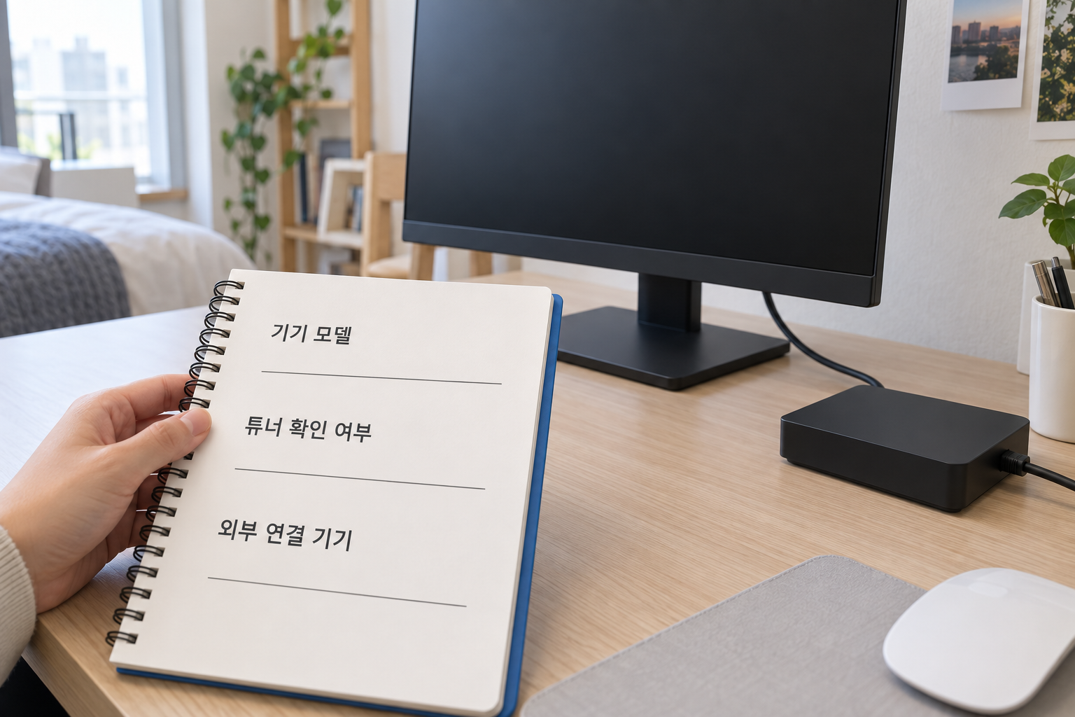 모니터와 외부 연결 기기를 함께 기록하는 문의 준비 장면