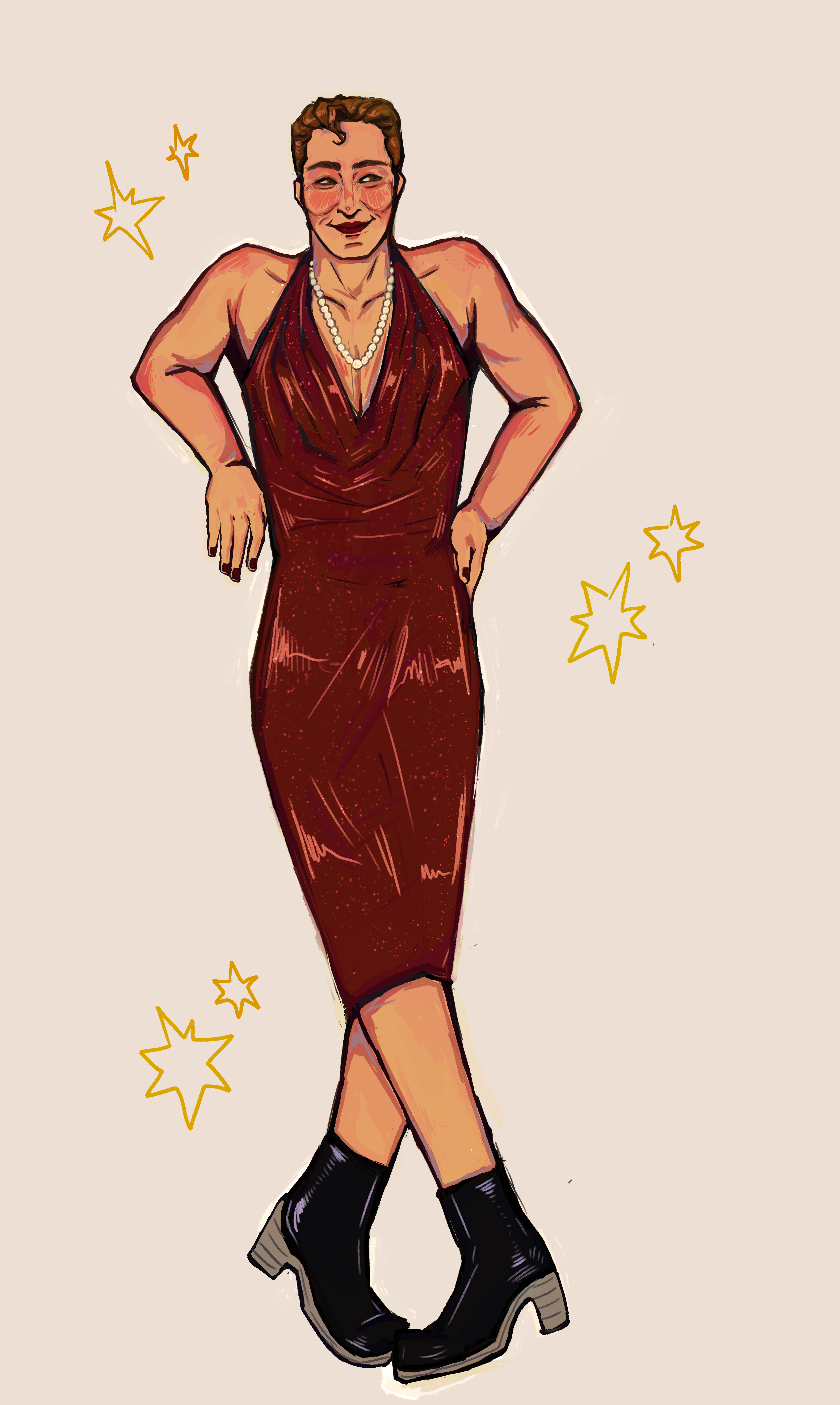 Jim T Kirk from Star Trek in a tight red dress and black ankle boots, with a pearl necklace