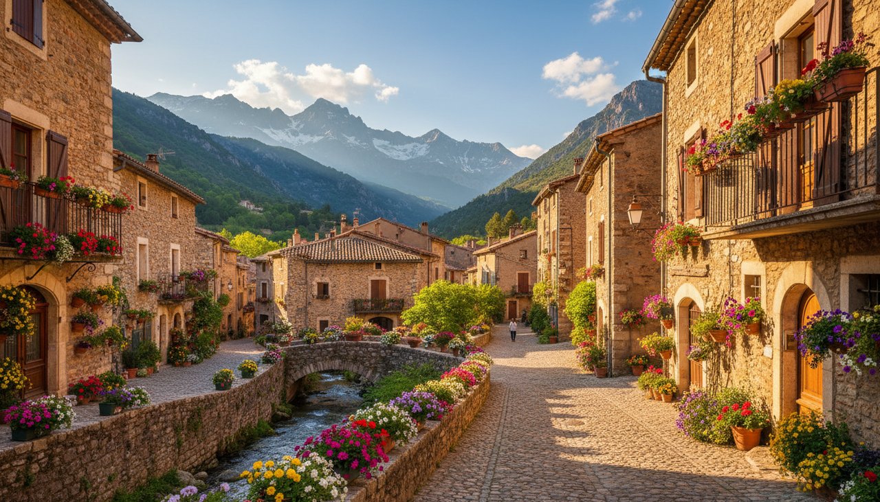 Paysage printanier d'un village francais avec fleurs et montagnes