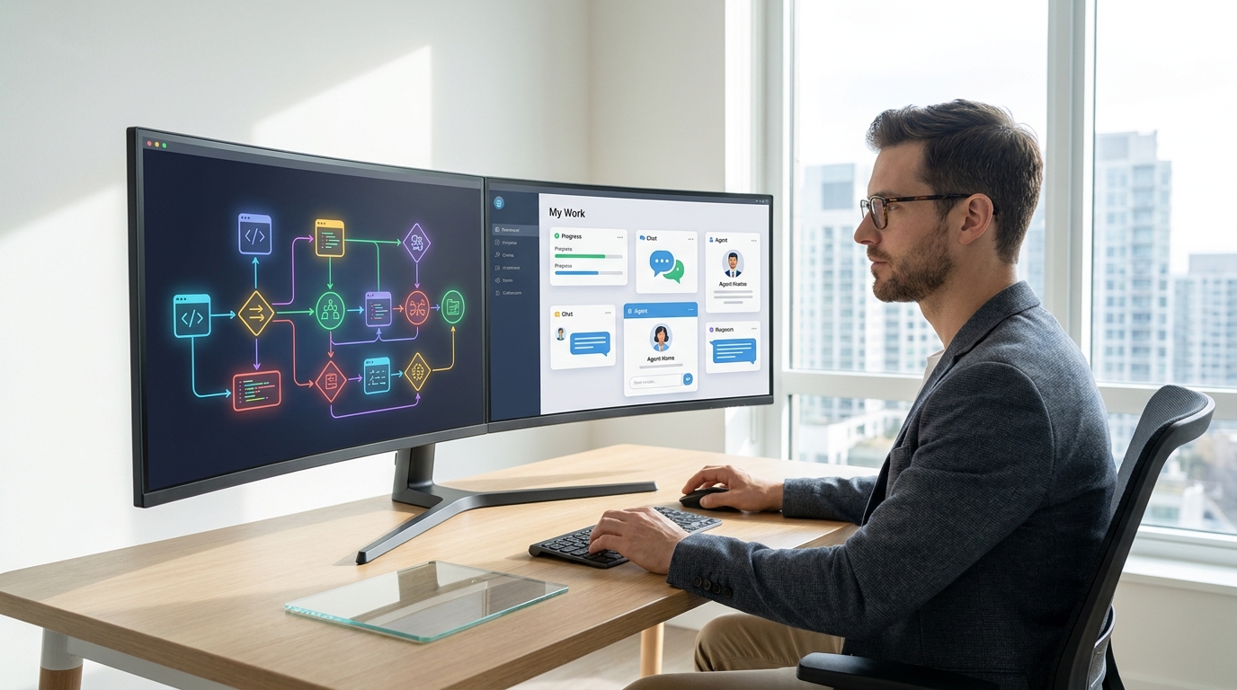 GitHub Copilot app canvas showing visual collaboration between human and AI agents on a coding project.