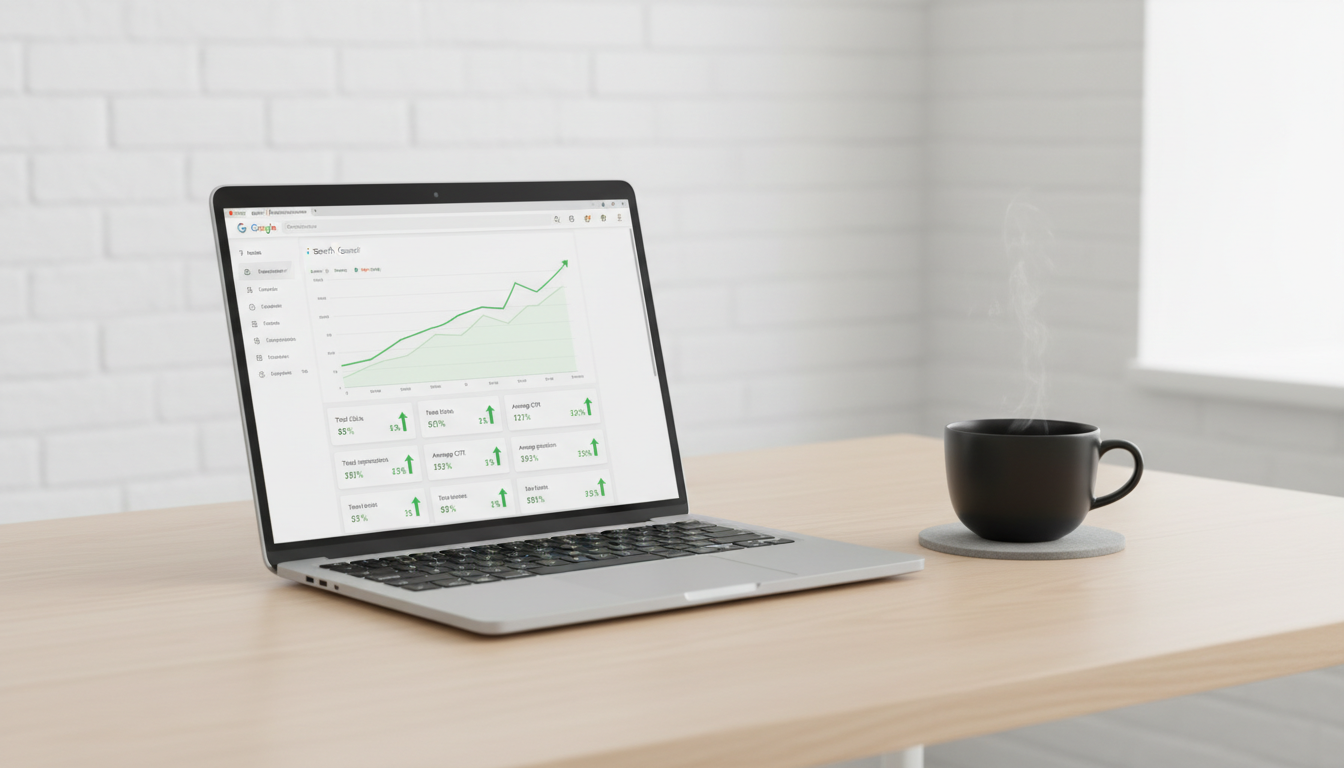 Google Search Console dashboard met stijgende organische traffic grafieken na succesvolle platform migratie