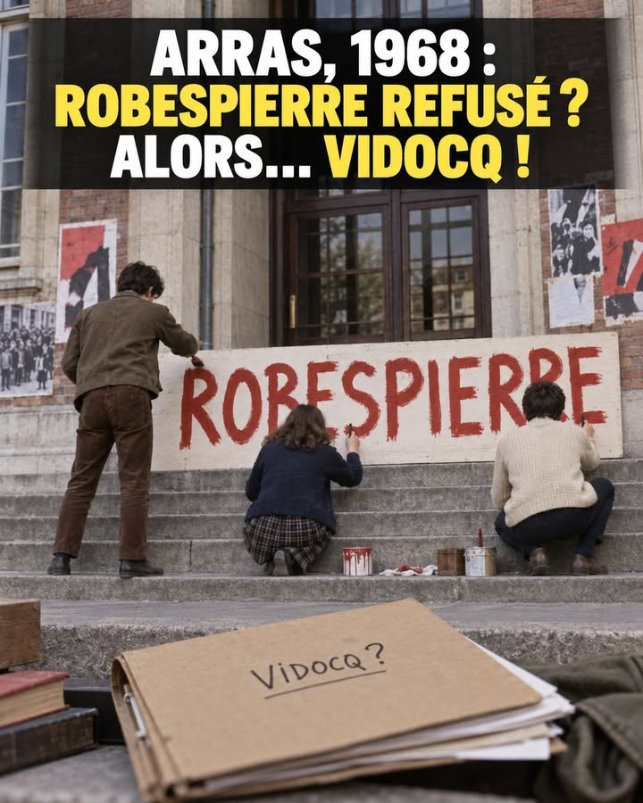 Trois personnes peignent un grand panneau rouge portant le nom Robespierre sur les marches d'un bâtiment, avec des affiches murales et un dossier annoté Vidocq au premier plan.