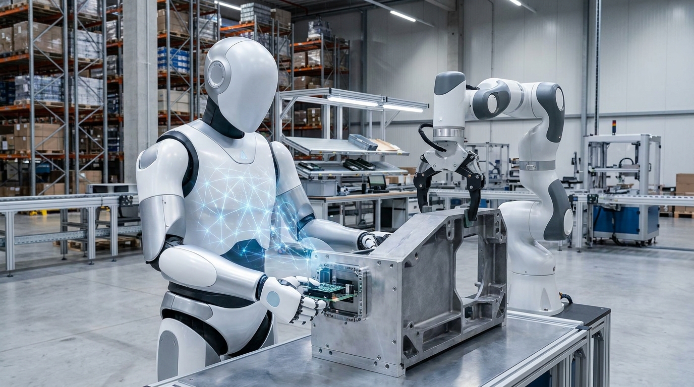 Two robots, an Apptronik Apollo 2 and a Franka Duo, collaborating on an assembly task powered by Gemini Robotics 2.