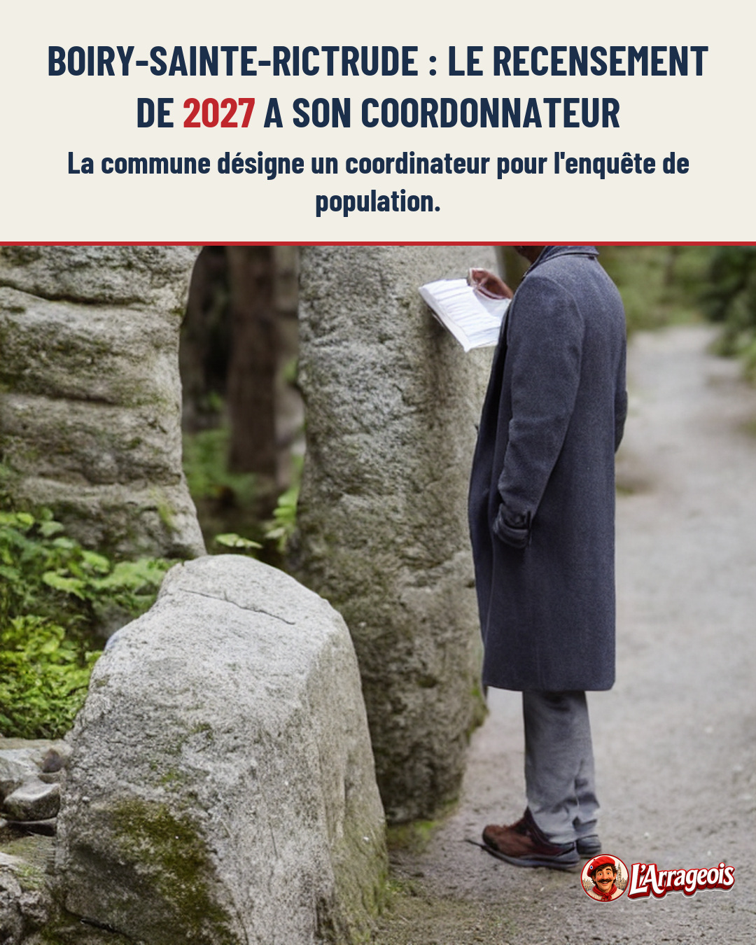 Un homme en manteau gris tient un document près d'une pierre monumentale sur un sentier.