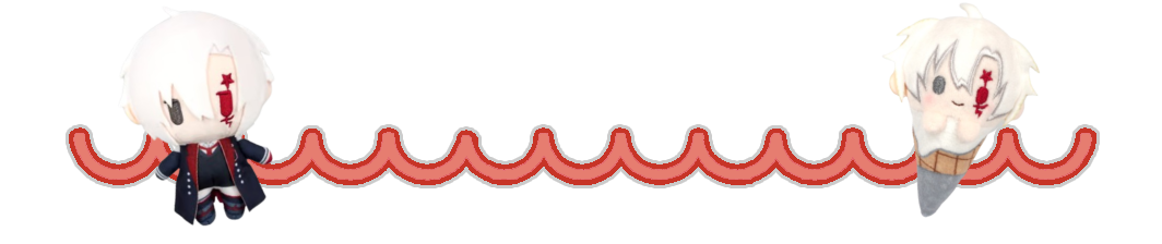 a red ruffled banner with 2 plushies of allen walker on either side