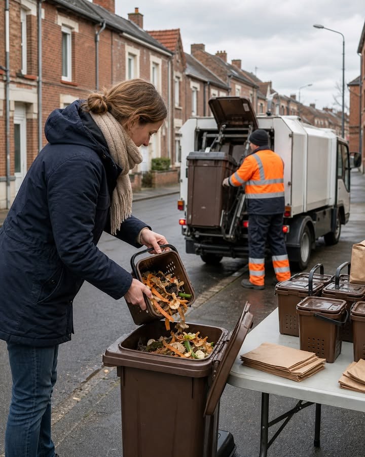 Une femme verse des déchets alimentaires dans un bac de compostage sur une table, tandis qu'un agent en gilet orange charge une poubelle dans un camion de collecte.