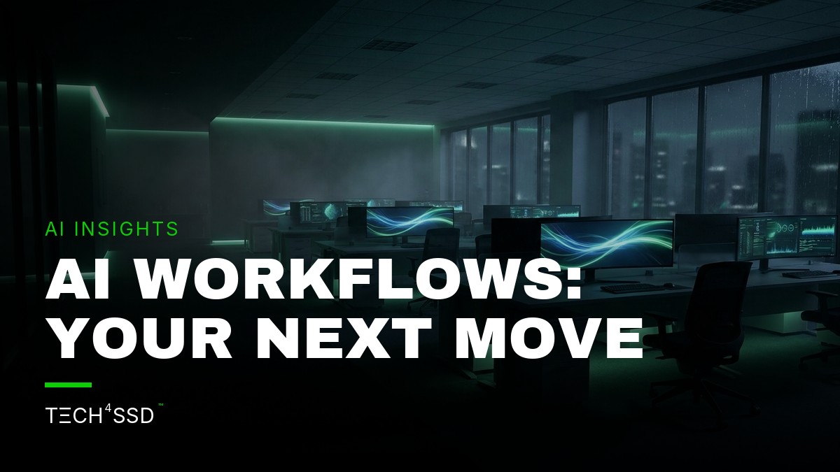 Futuristic office environment with glowing AI interfaces and collaborative teams, illustrating advanced AI workflows.