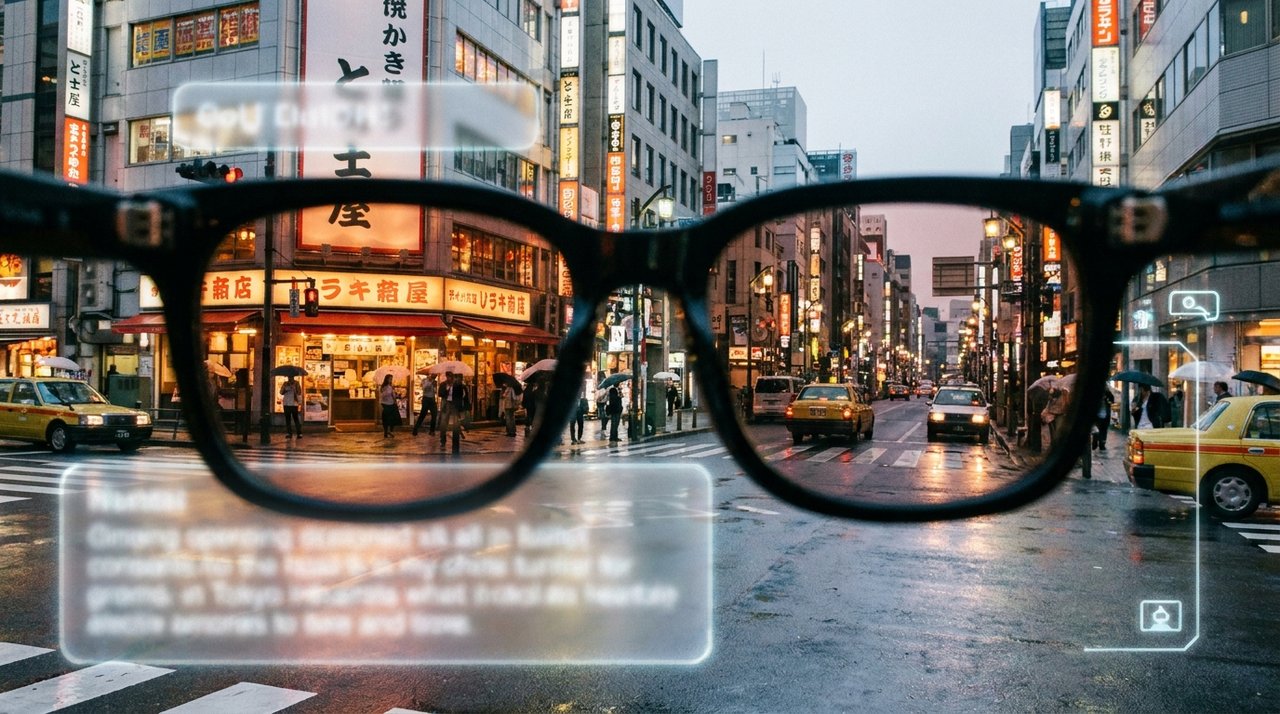 POV through Google AI smart glasses showing real-time translation overlays on Tokyo street signs