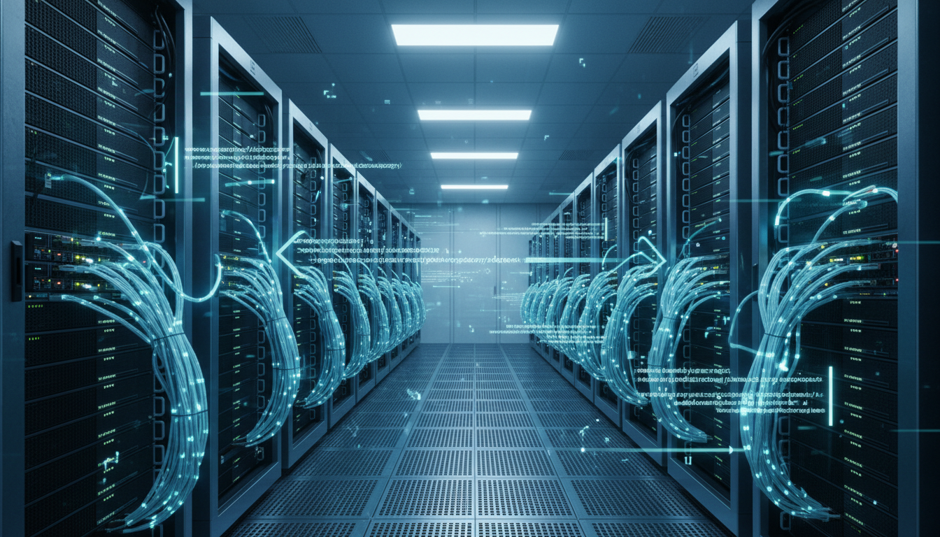 Server room met netwerkkabels die geautomatiseerde URL redirects en data migratie visualiseren