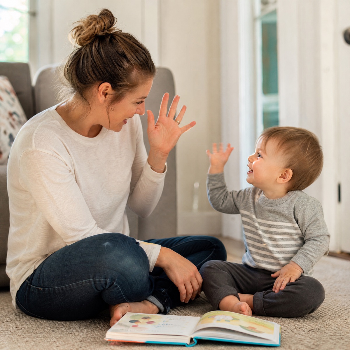 Mom and toddler playing a copy-me game on the floor