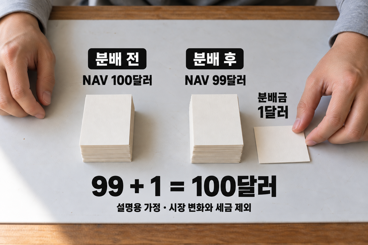 시장 변화와 세금을 제외한 NAV 99달러와 분배금 1달러의 합계 계산 예시