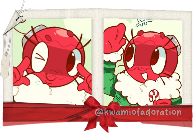 A polaroid graphic with a red bow with Fanart of Bobette; ac Vaprexn