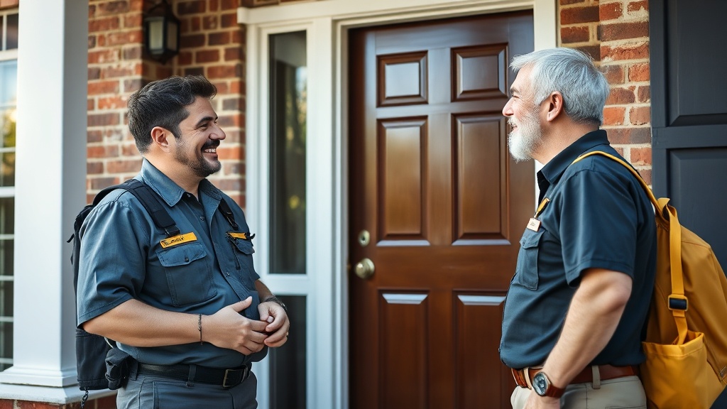 Friendly pest control professional greeting homeowner in Birmingham AL